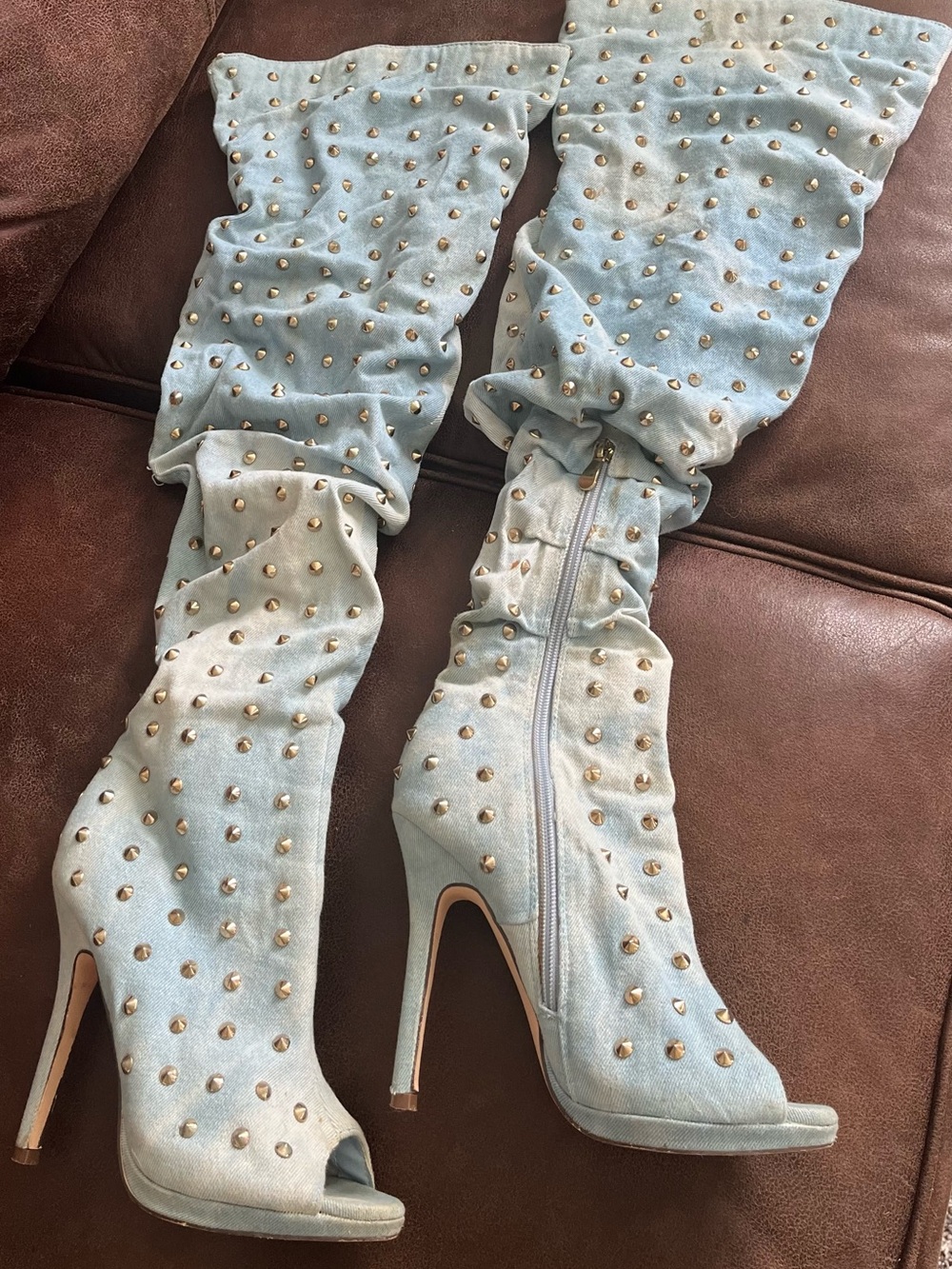 Denim Over the knee studded peep toe boots size 7.5 Light Blue stilletto boots
